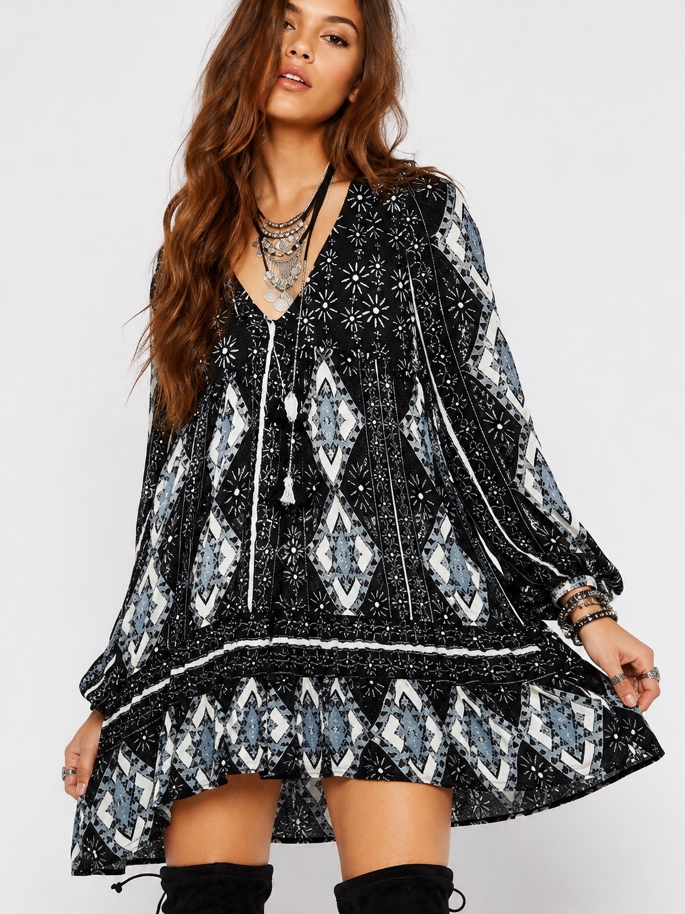 Free People Black and White Patterned Mini Dress